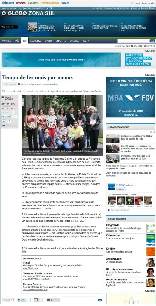 Primavera dos Livros - Li Mendi Jornal O Globo 2012 