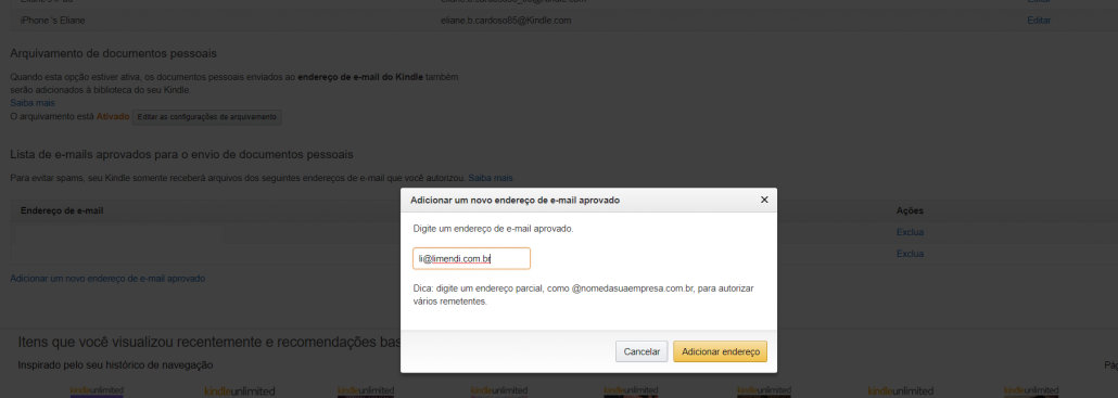 Incluir e-mail para enviar arquivos para kindle